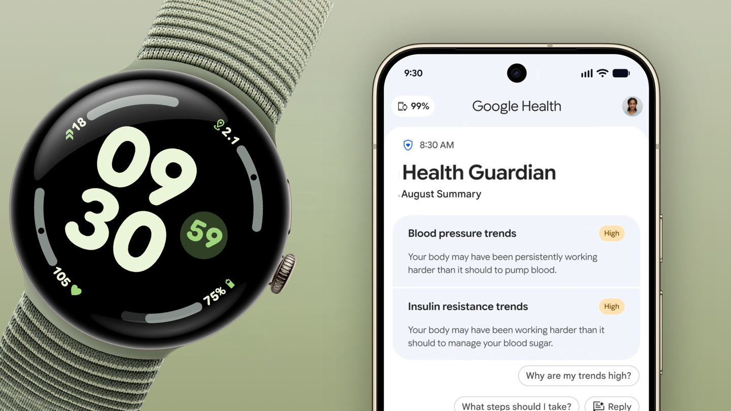 Official Google graphic illustrating the Health Guardian rollout for Pixel Watch and Fitbit users.
