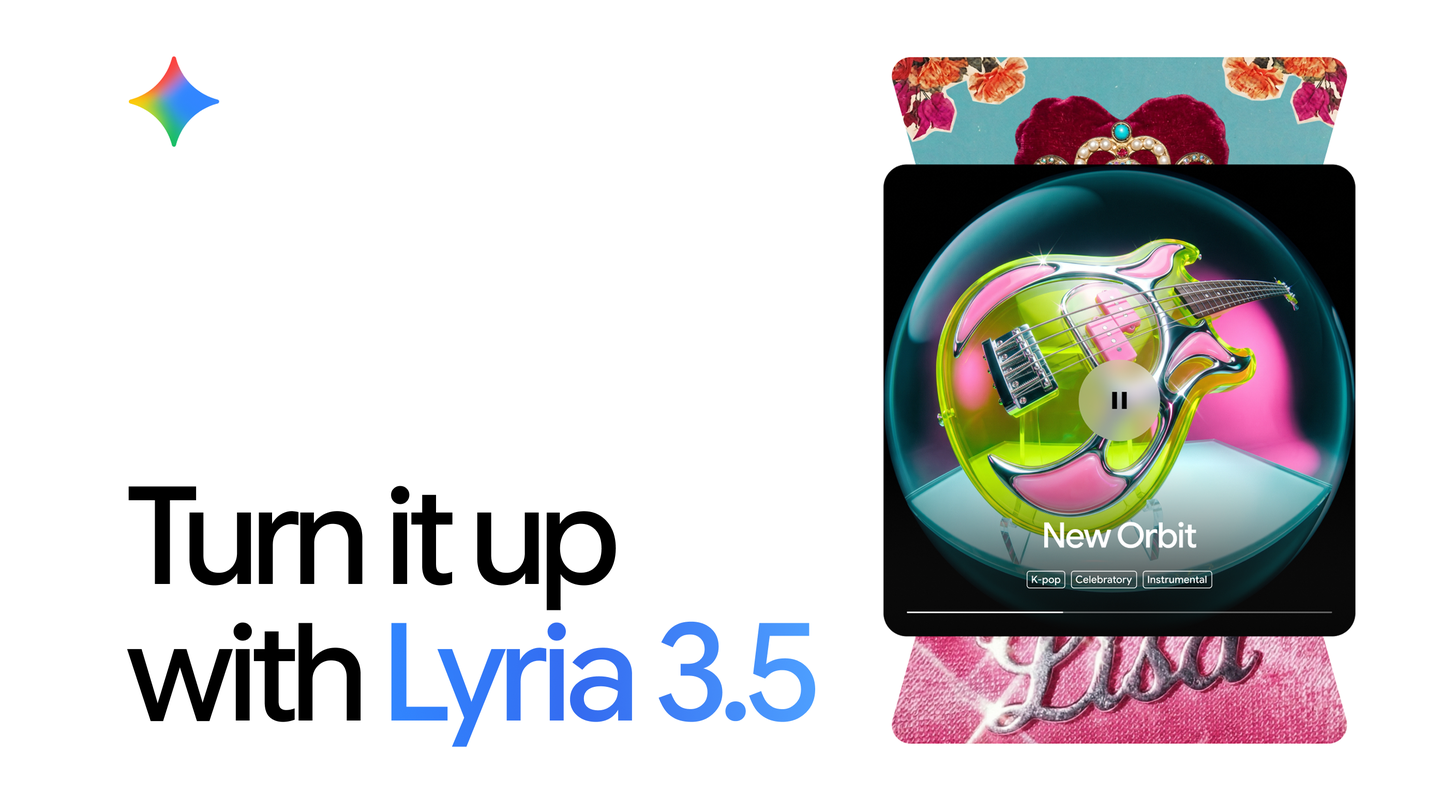 Google’s official Lyria 3.5 artwork, showing colorful sound-wave-like shapes on a dark field.