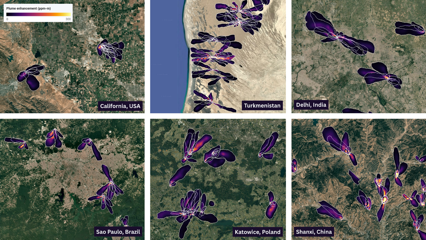 A six-panel satellite visualization showing methane plume detections and emission heatmaps in locations around the world.