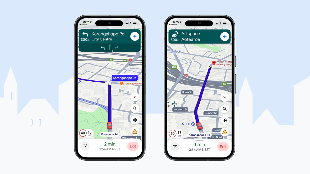 Google Maps route card artwork for the New Zealand voice update.