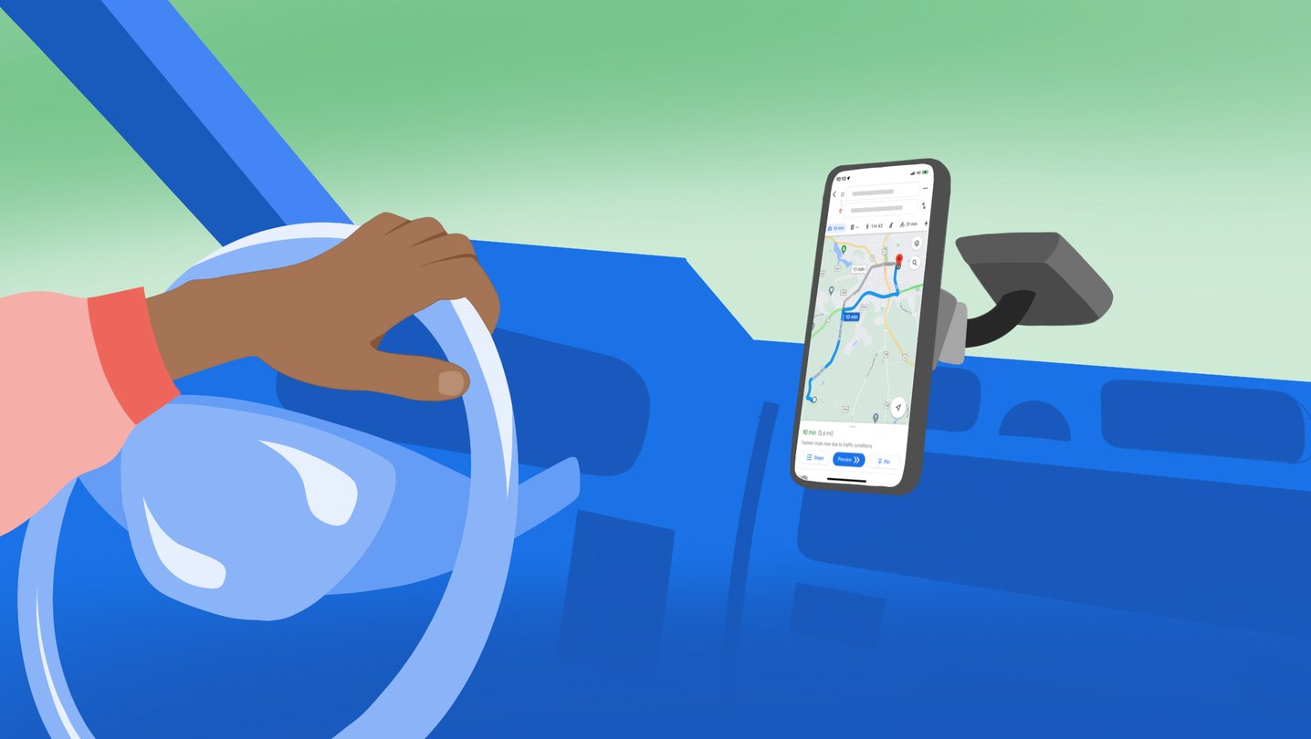 Official Google artwork showing a driver using navigation on a dashboard-mounted phone.