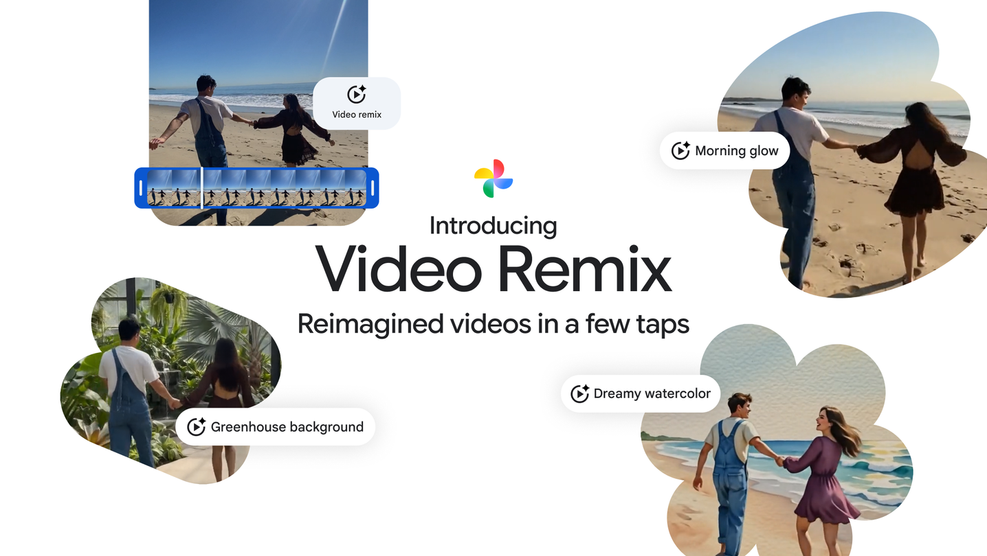Official Google graphic showing the Google Photos Video Remix feature.