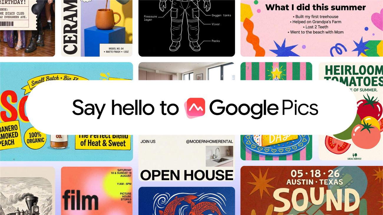 Official Google Pics artwork showing the AI image creation and editing workspace.