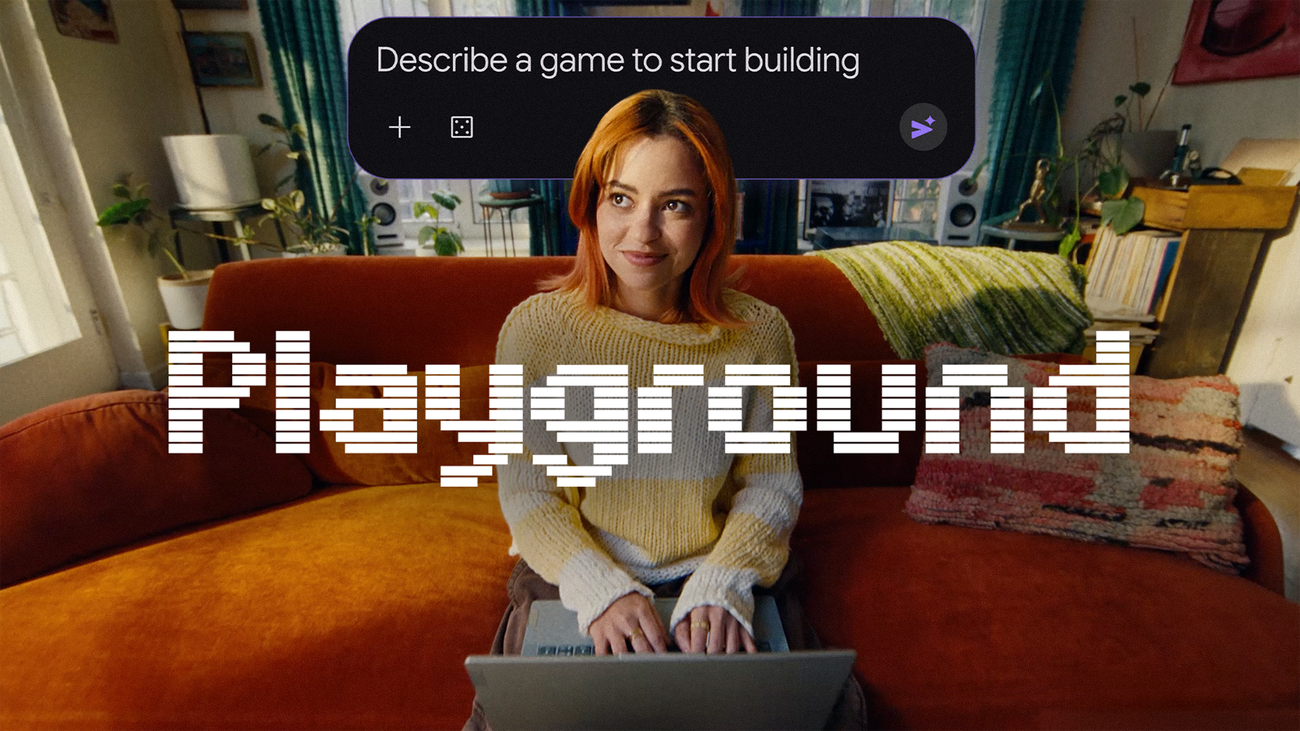 Google Playground artwork showing colorful game characters and a game-creation interface.