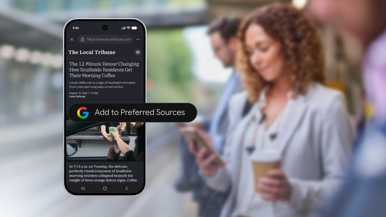 Official Google illustration promoting personalization controls across Search, Discover and Google News.