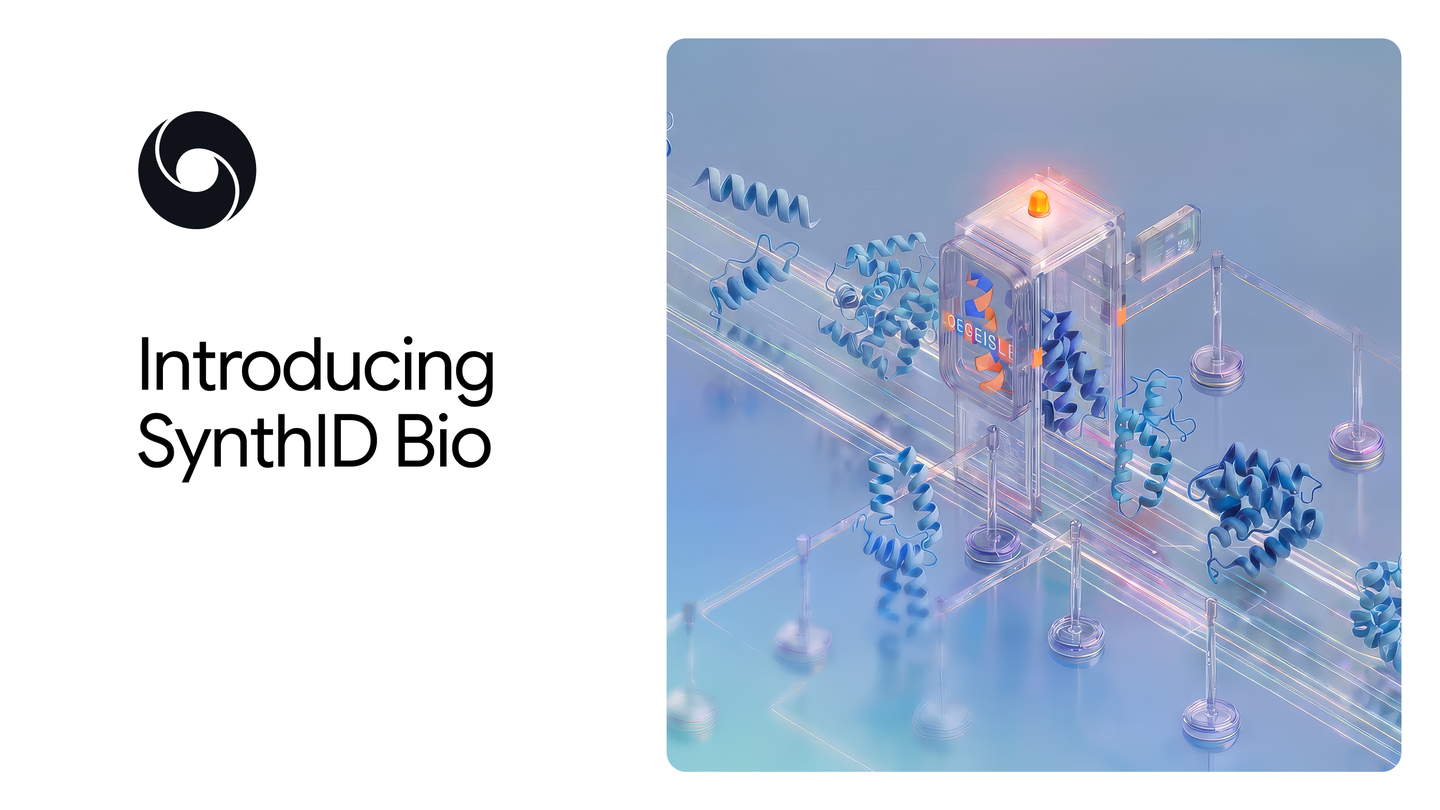 Google DeepMind visualization of a watermarked AI-designed protein structure and sequence.