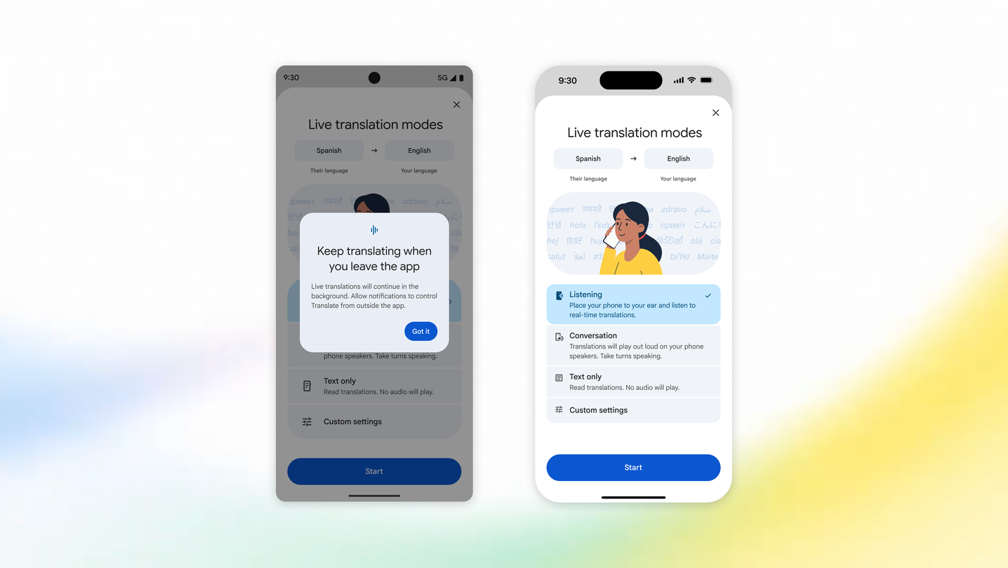 Official Google artwork showing Live Translate running on Android and iPhone.