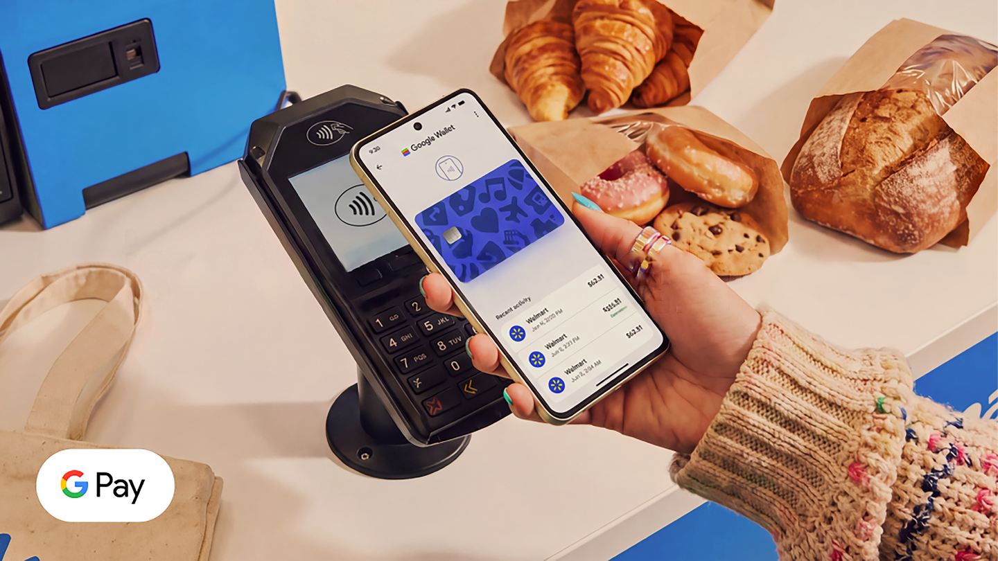 Official Google Wallet illustration announcing tap-to-pay availability at Walmart.