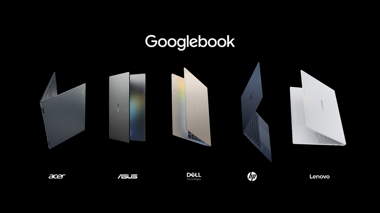 Official Google image showing a lineup of Googlebook laptops.