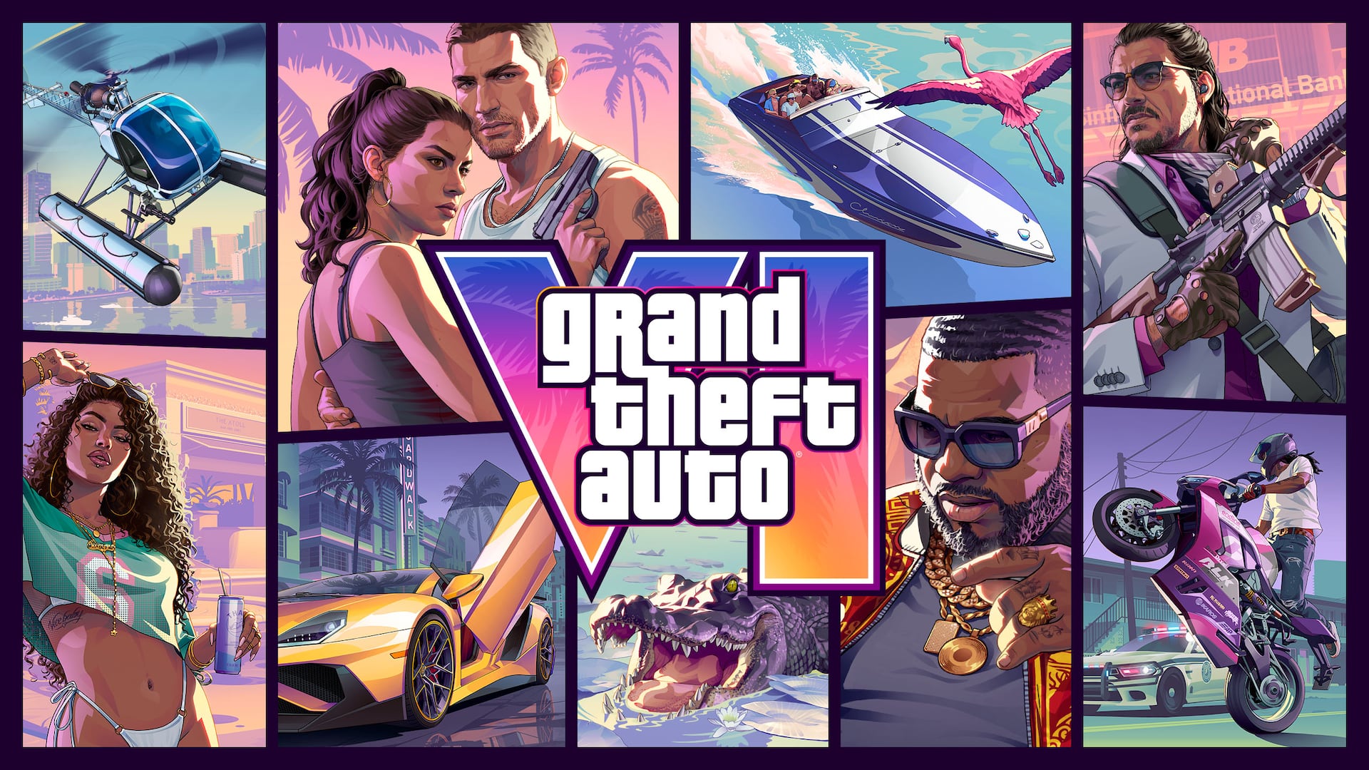 Official Grand Theft Auto VI artwork from Rockstar showing Jason and Lucia in Vice City.