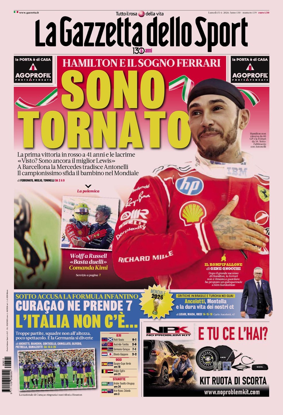 Front page of La Gazzetta dello Sport featuring Lewis Hamilton after his first Ferrari Grand Prix win.