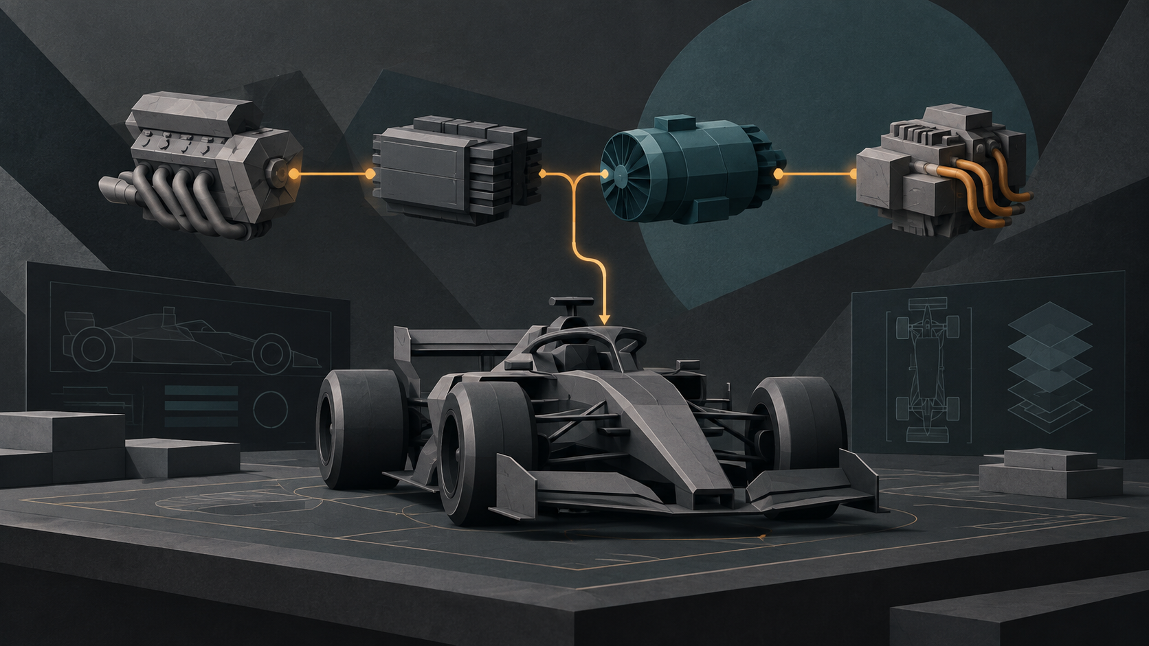 Generated editorial illustration of a fictional unbranded charcoal open-wheel car beneath abstract power-unit modules linked by an amber line.