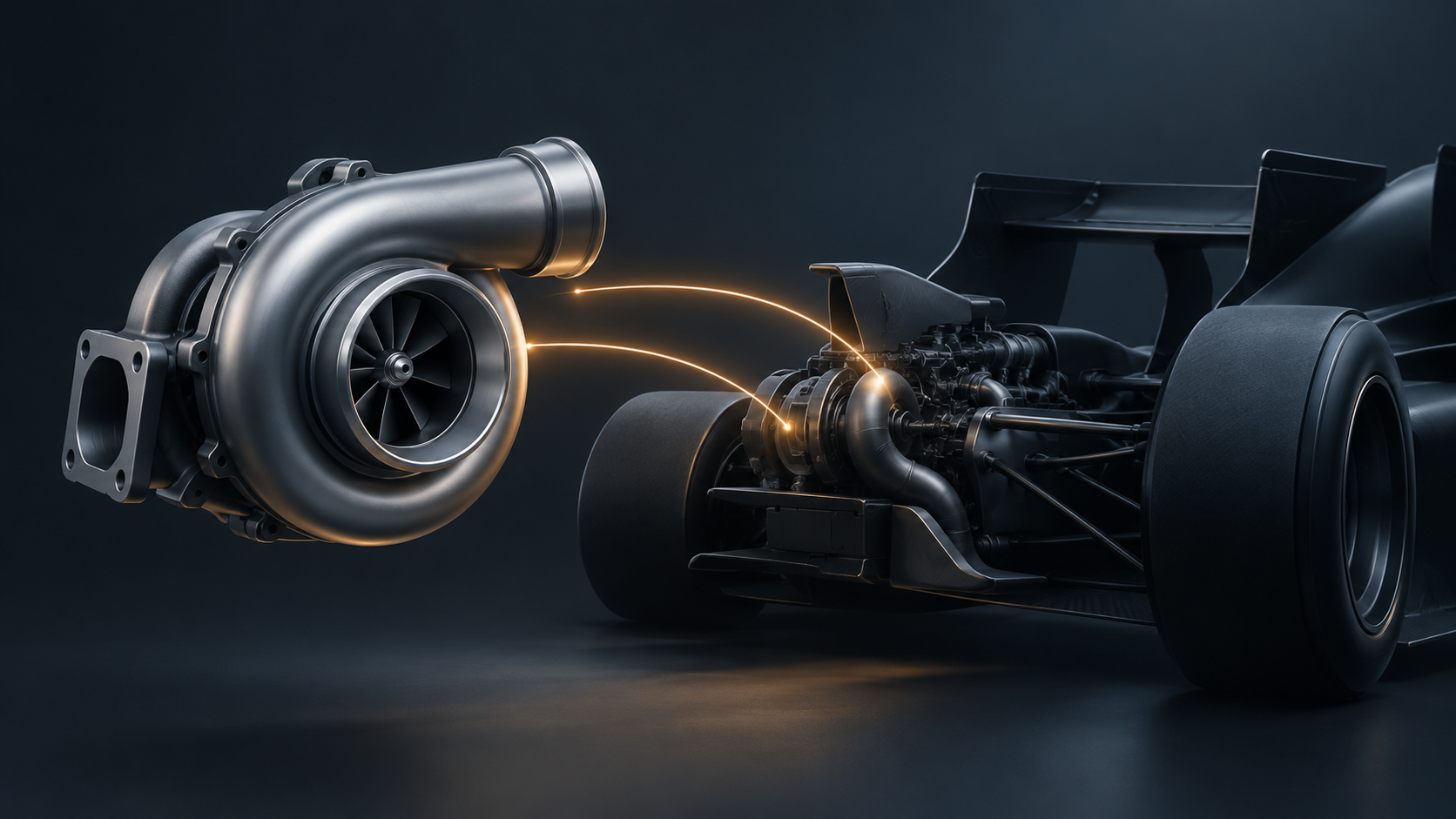 Fictional 3D editorial illustration of an unbranded turbocharger connected to the rear of a generic graphite open-wheel car by two thin amber arcs.
