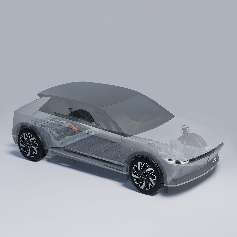 Hyundai Motor Group E-GMP electric vehicle platform shown through a transparent car body.