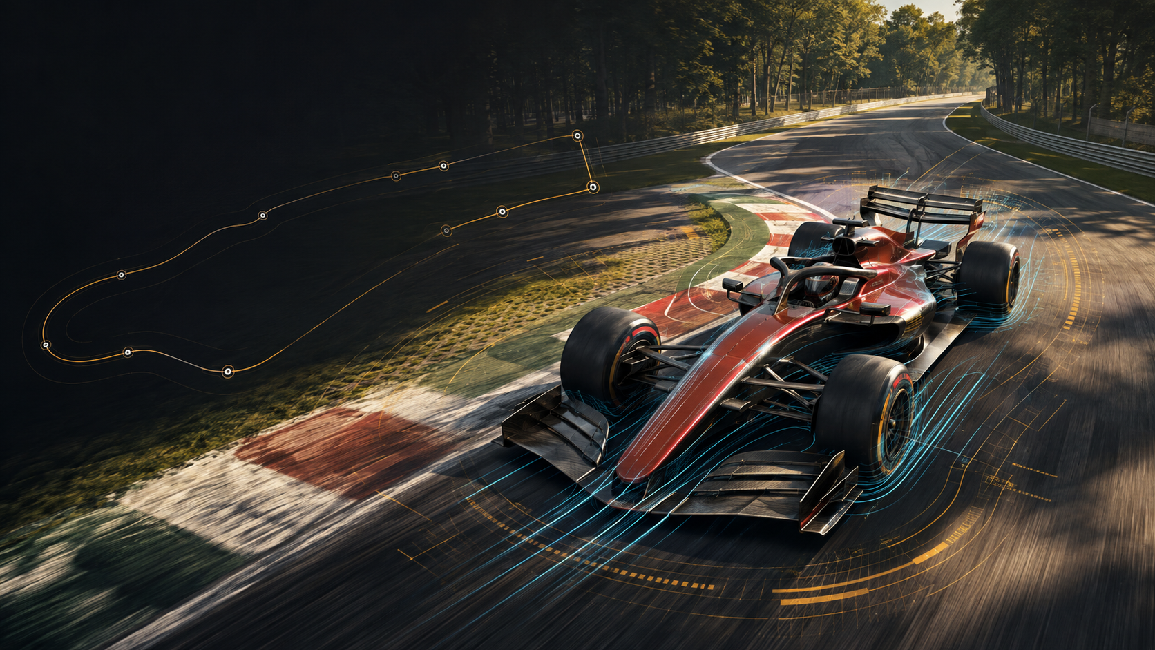 Original editorial illustration of an unbranded Formula 1 car braking into a Monza chicane with active-aero and circuit-line graphics.