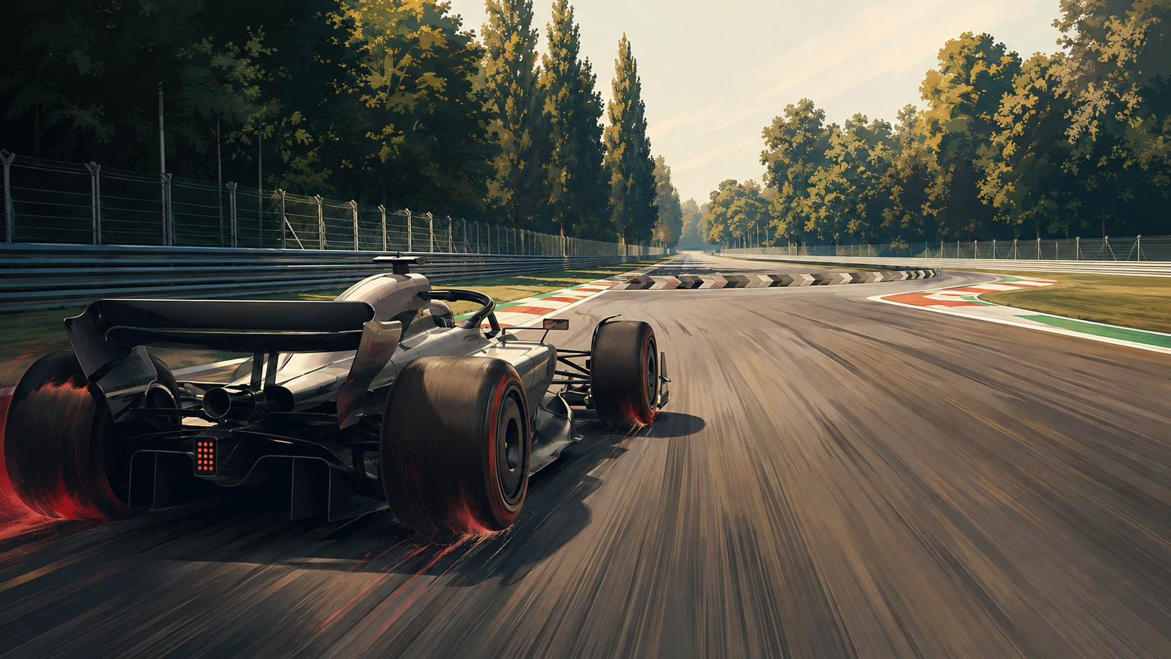 Original editorial illustration of an unbranded 2026-style Formula 1 car approaching Monza’s first chicane in warm conditions.