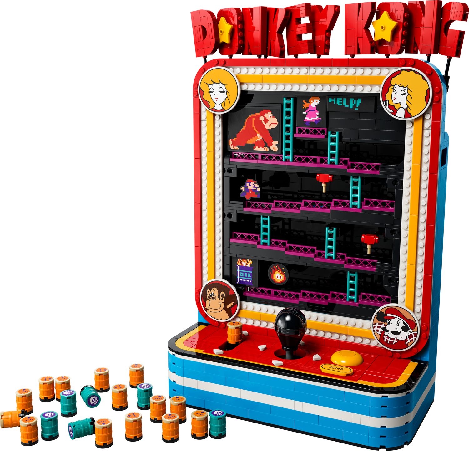 Official LEGO product image of the Donkey Kong Arcade set with barrels and joystick controls.