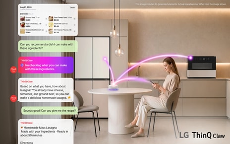 A person using the ThinQ Claw chat interface in an LG-connected kitchen.