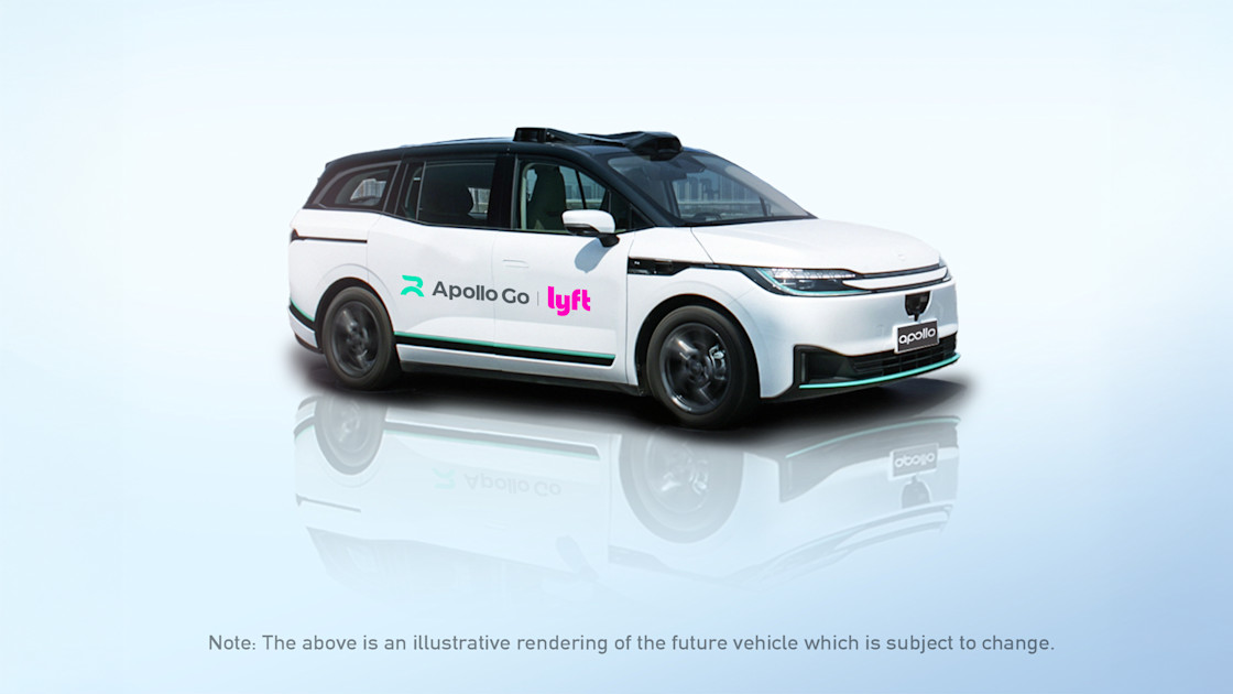 Official Lyft and Baidu image showing a white Apollo Go robotaxi concept with Lyft branding.