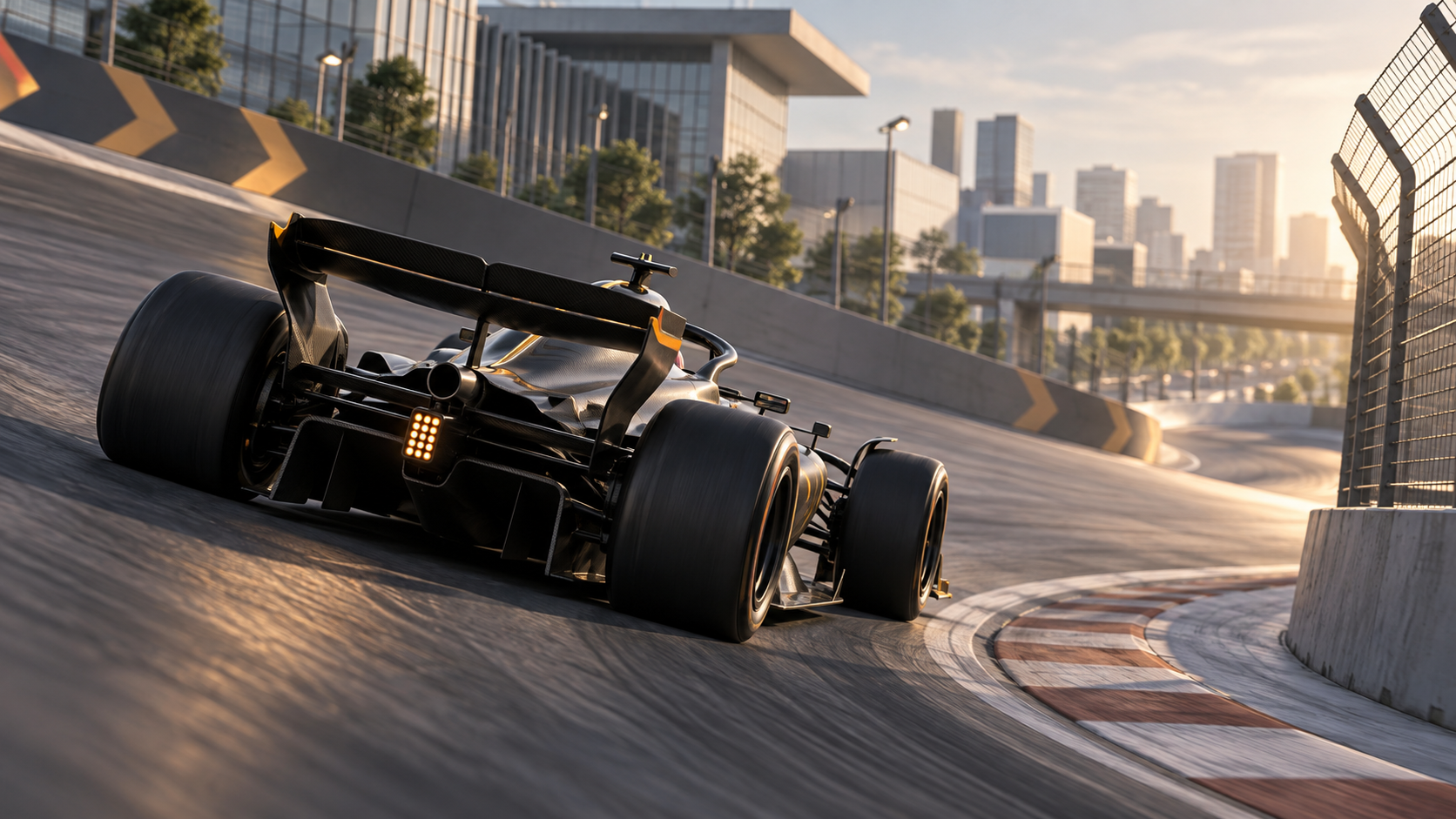 Generated editorial 3D illustration of a fictional unbranded open-wheel racing car compressing into a steep banked city-circuit corner.