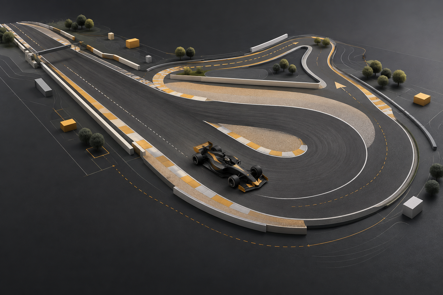 Generated editorial 3D illustration of a fictional unbranded open-wheel car beside a conceptual circuit model with a broad hairpin and alternate corner geometry.