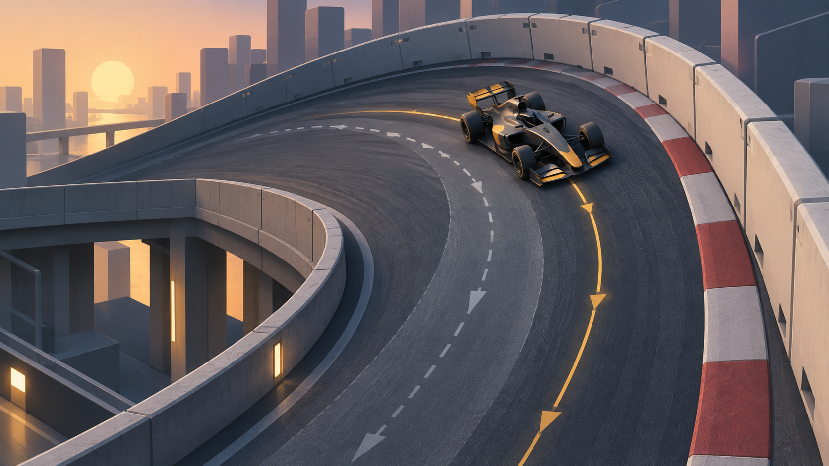 Generated isometric editorial illustration of a fictional unbranded open-wheel car following a precise line through a steeply banked, walled urban-circuit corner.