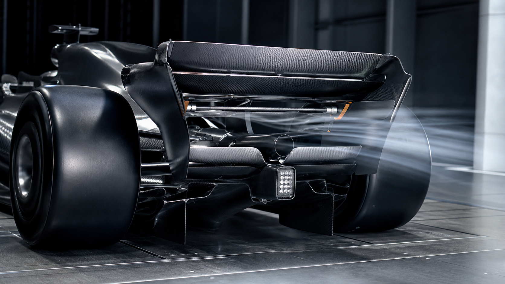 Generated editorial image of a modern Formula 1 rear wing active-aero mechanism in a wind-tunnel setting.
