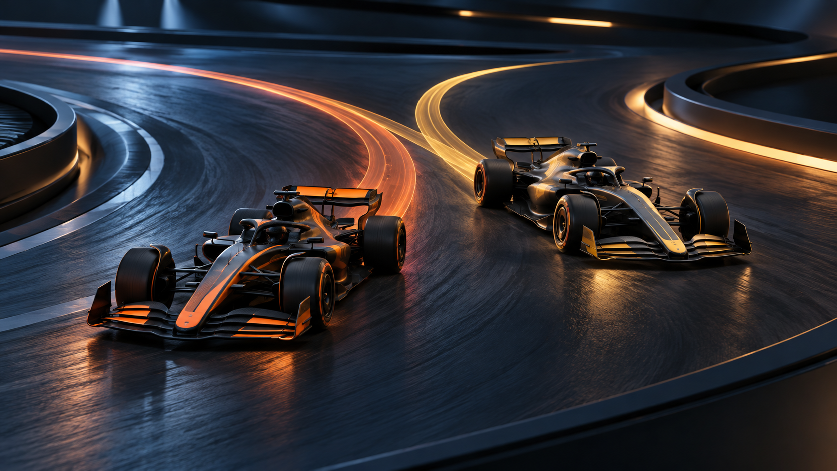 Fictional 3D editorial illustration of two unbranded graphite open-wheel cars on an abstract night circuit, following diverging amber and orange paths.