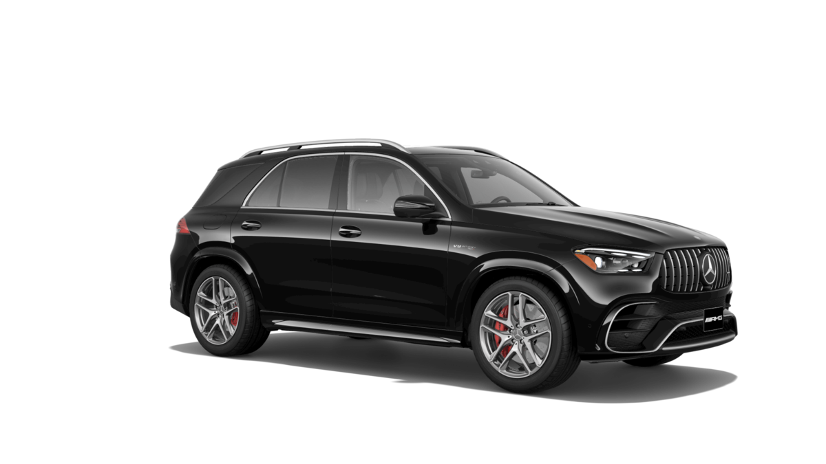 Black Mercedes-AMG GLE SUV shown in an official three-quarter front product render.