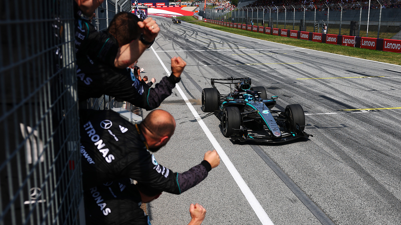 Mercedes Formula 1 car running at the Red Bull Ring during the Austrian Grand Prix weekend.