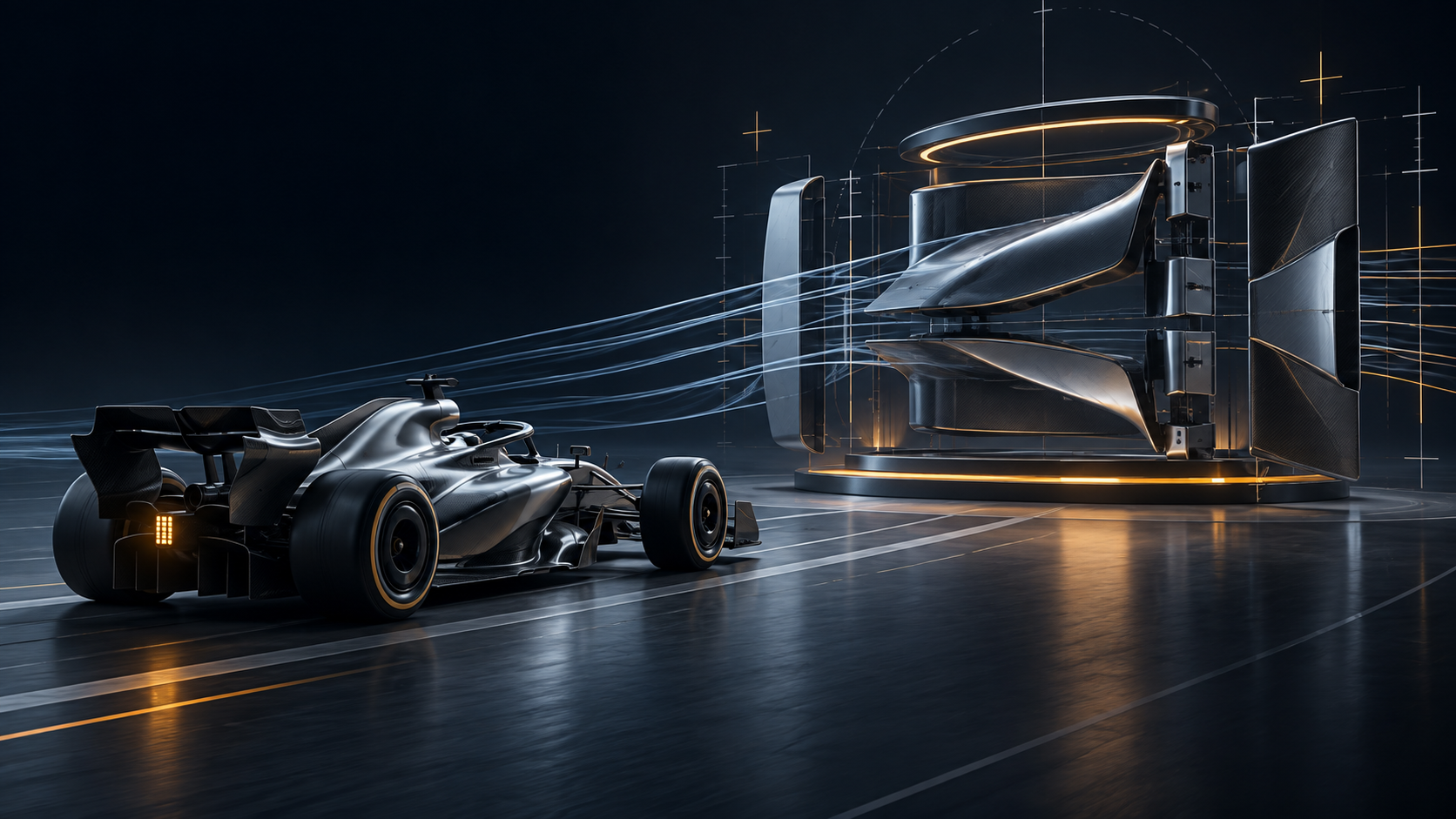 Generated editorial illustration of a fictional silver and charcoal open-wheel car approaching an abstract carbon-fibre engineering module in a dark studio.