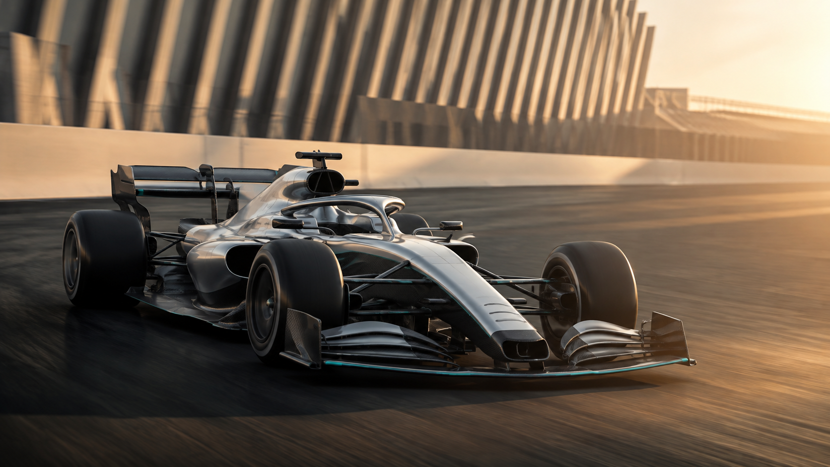 Generated editorial illustration of a fictional unbranded silver-and-charcoal Formula 1-inspired car on an abstract high-speed circuit.