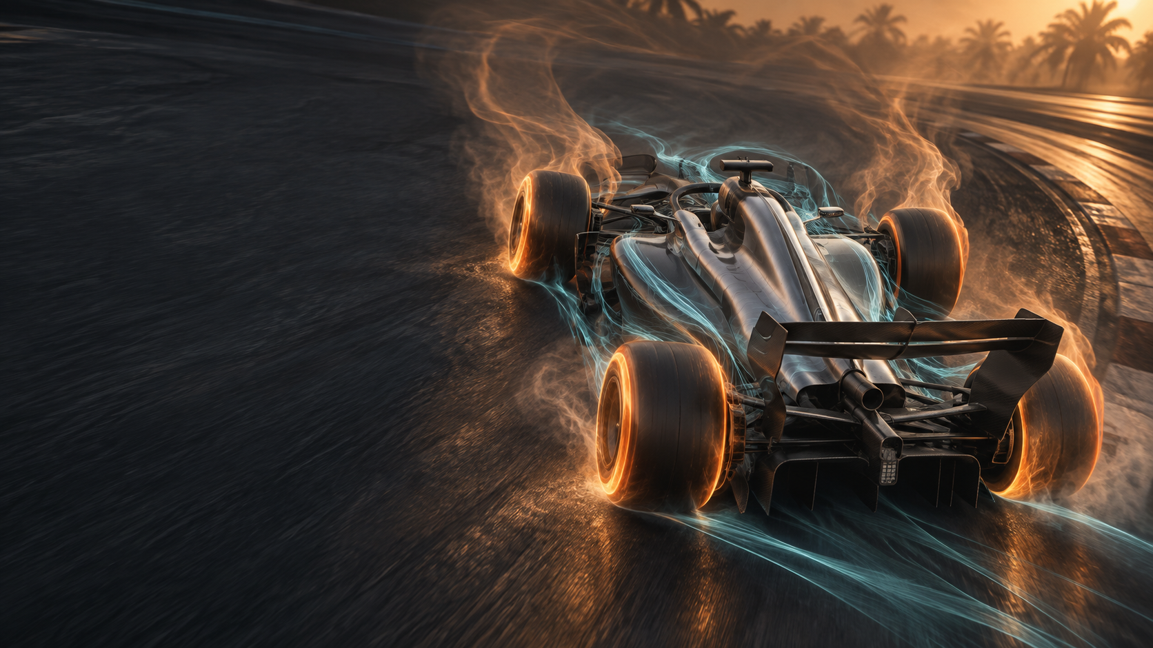 Fictional 3D editorial illustration of an unbranded graphite and silver open-wheel car surrounded by amber tyre-heat ribbons and pale-cyan airflow.