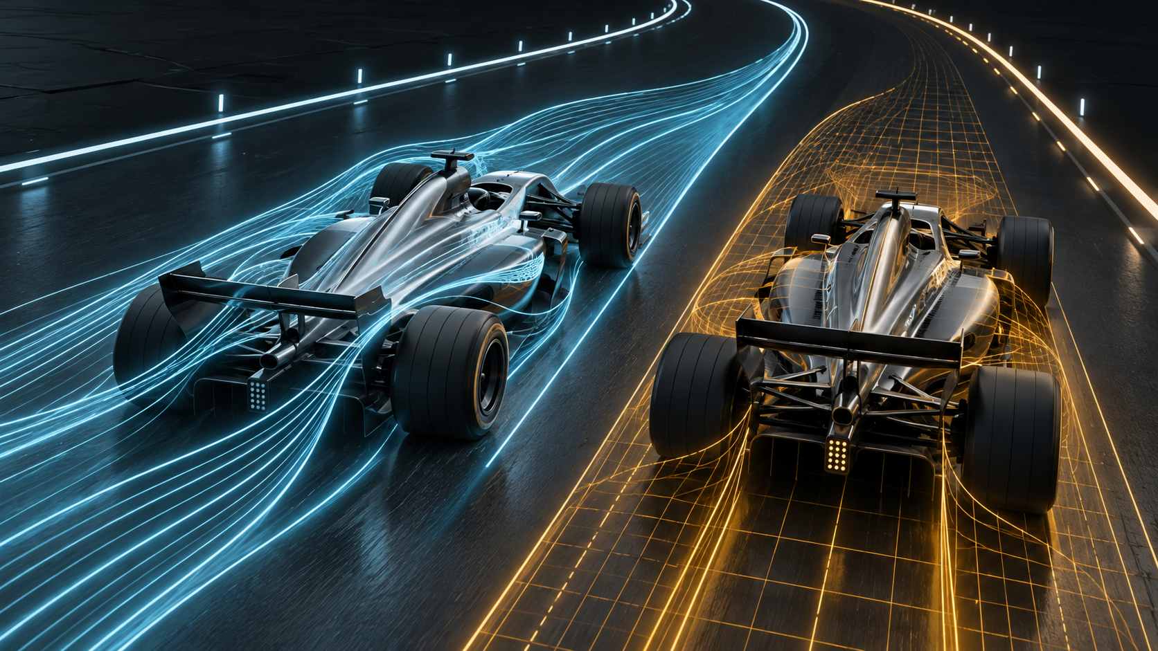 Fictional 3D editorial illustration of two unbranded silver and graphite open-wheel cars travelling side by side through cyan airflow and amber measurement-grid pathways on an abstract night circuit.