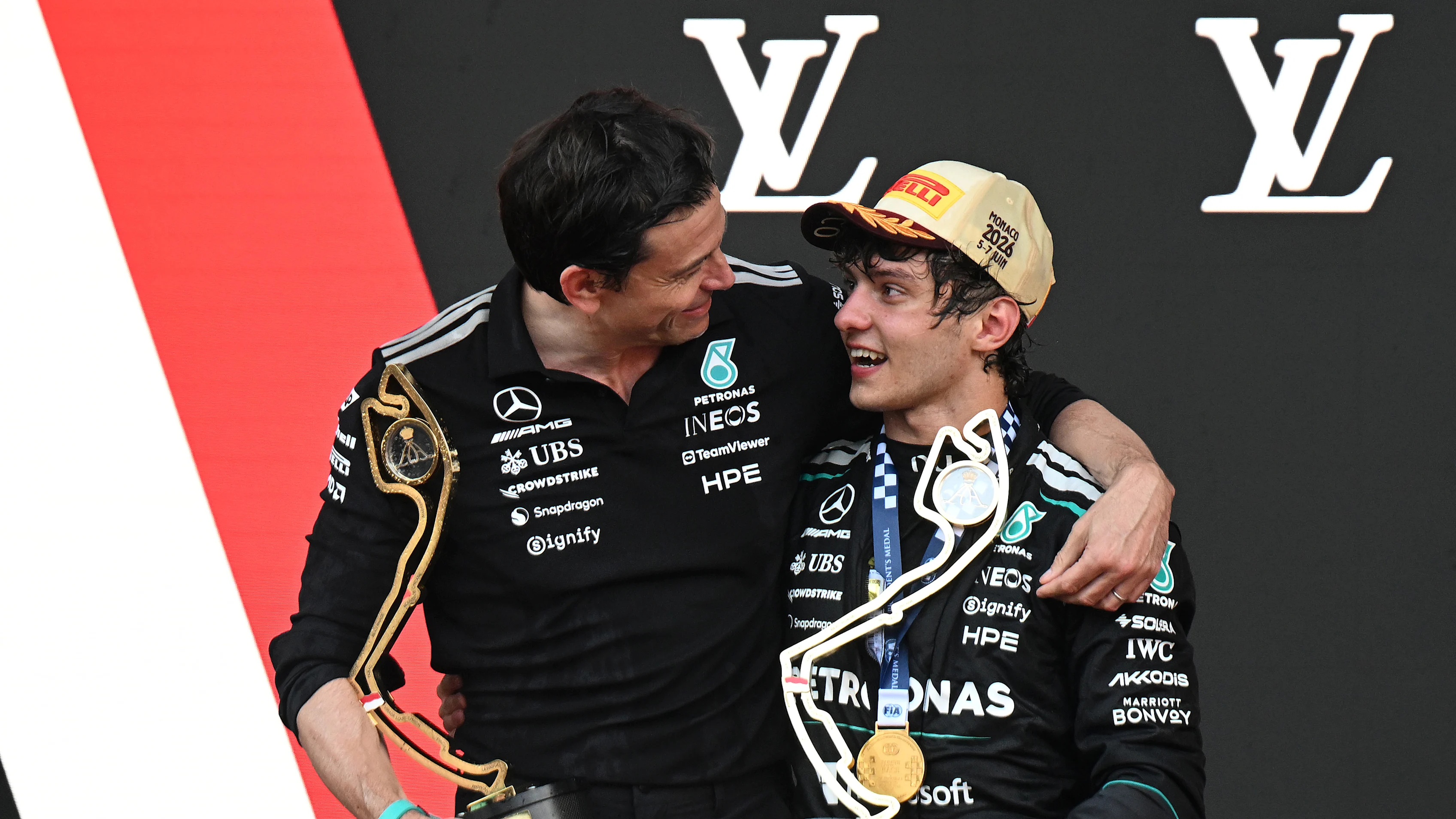 Toto Wolff and Kimi Antonelli celebrating together on the Monaco podium after a Mercedes victory.