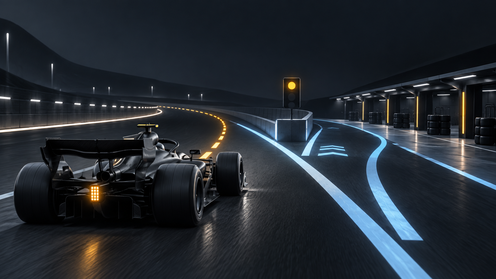 Generated editorial illustration of a fictional unbranded graphite open-wheel car approaching an abstract pit-lane split illuminated by amber and pale-blue guidance lines.