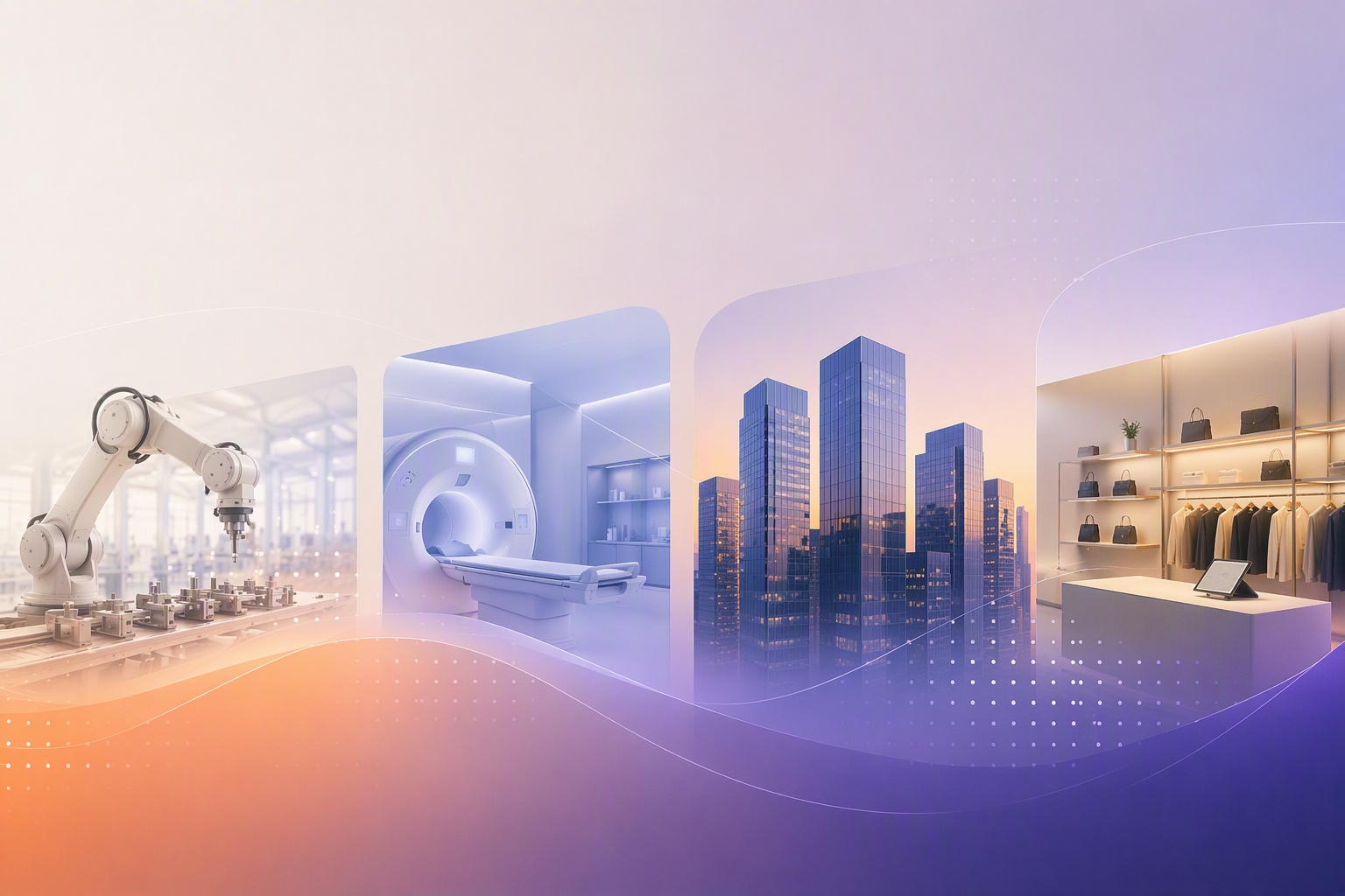 Microsoft official illustration showing connected AI transformation scenes across industries.