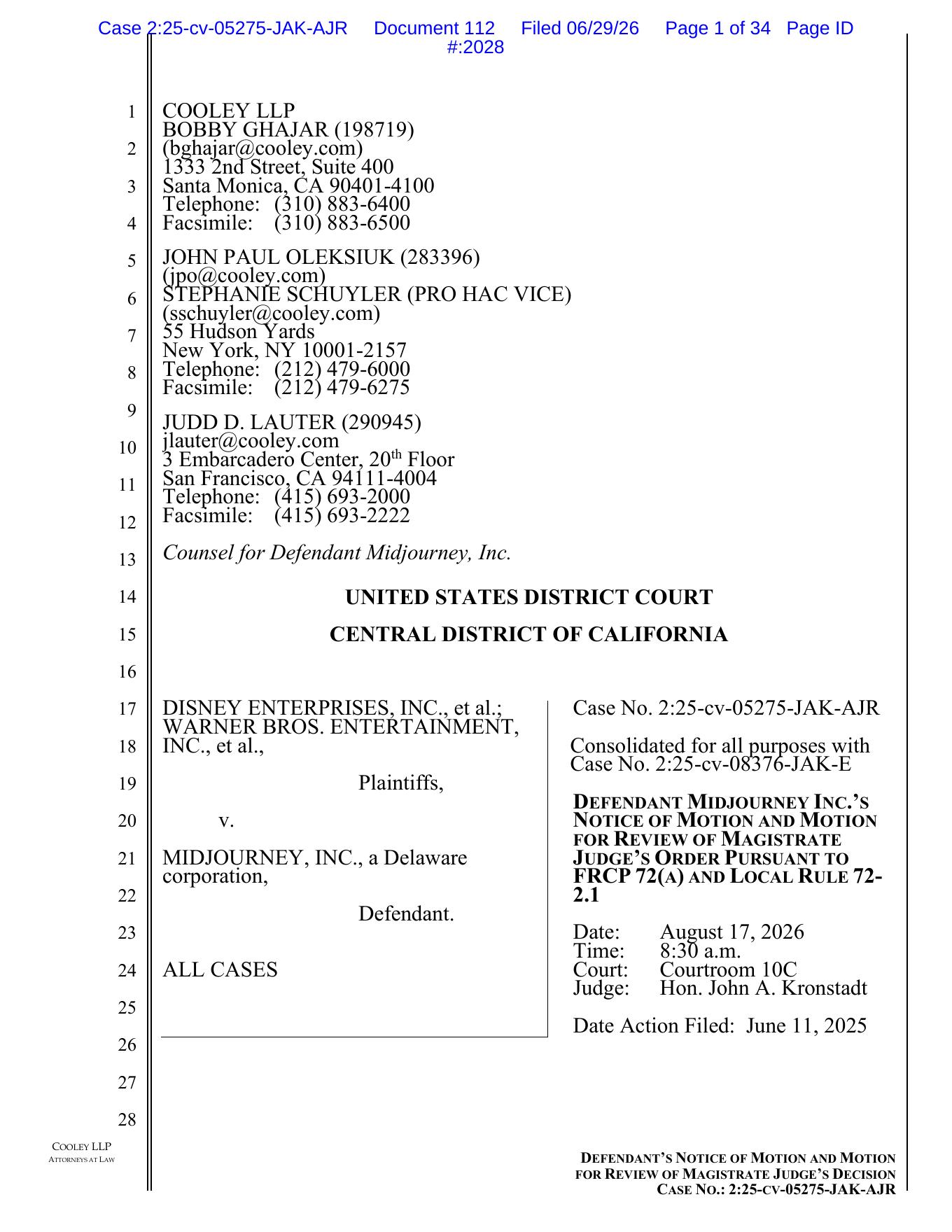 First page of Midjourney's federal court filing seeking review of AI-use discovery limits.