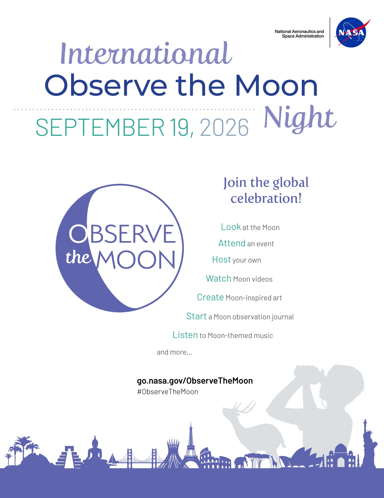 NASA’s 2026 International Observe the Moon Night poster, showing observers beneath a purple night sky and a bright Moon.