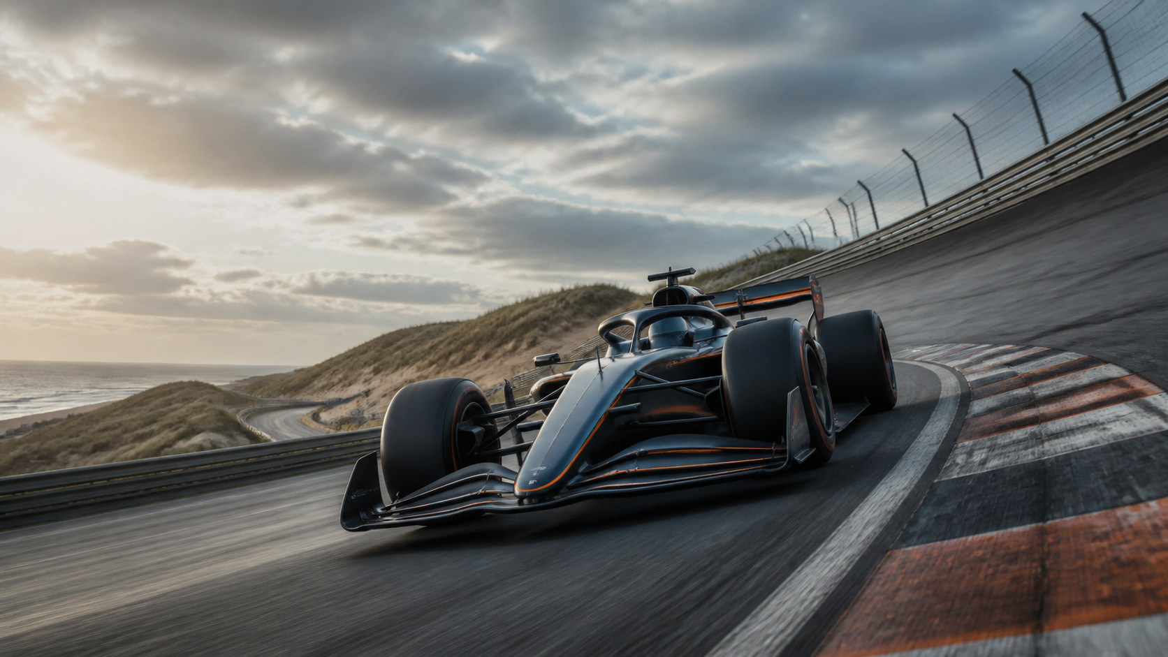 Generated editorial illustration of an unbranded Formula 1 car sweeping through a steeply banked Zandvoort corner beside North Sea dunes under a cloudy sky.