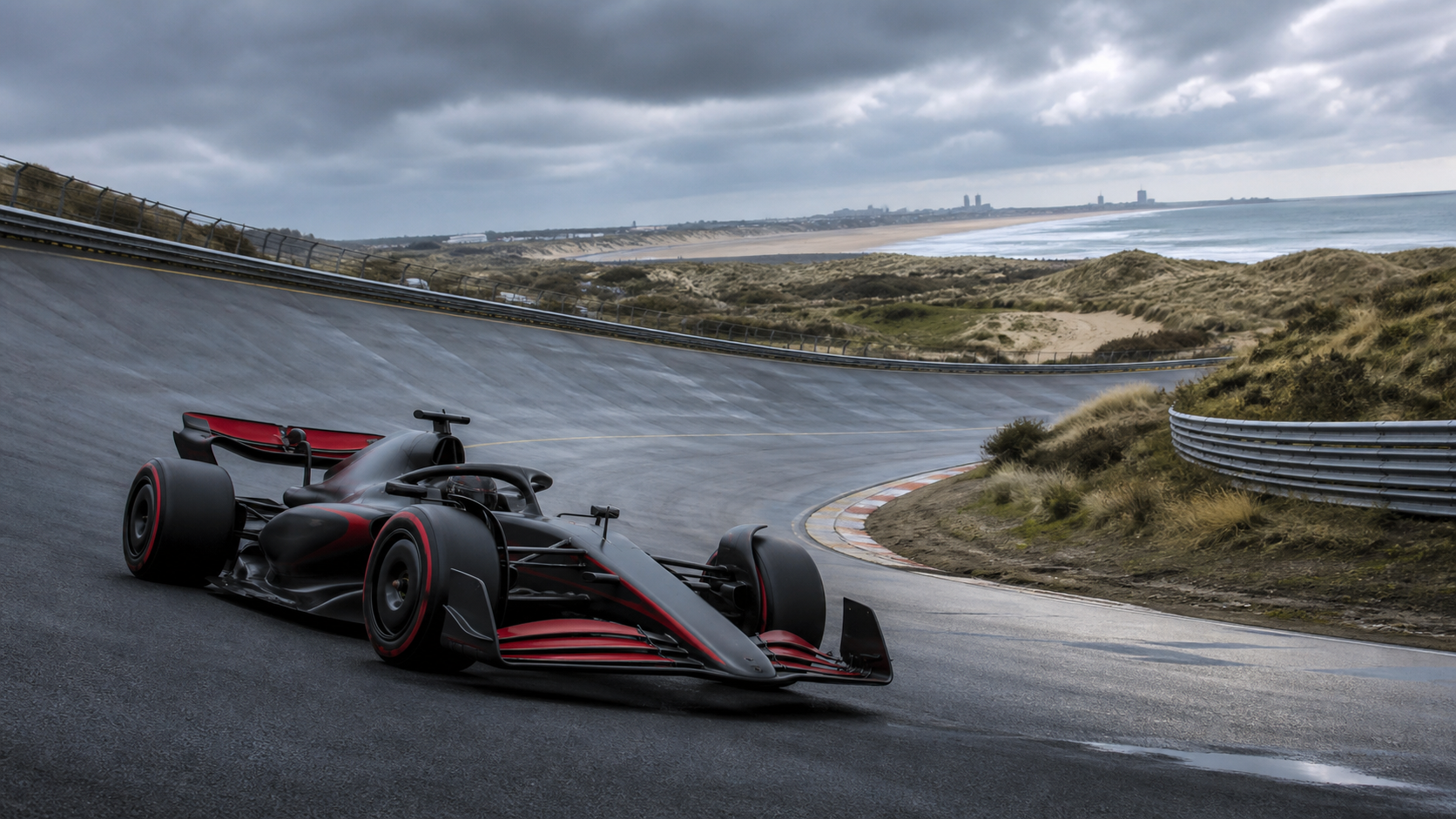 Generated editorial image of an unbranded Formula 1-style car climbing through a steeply banked Zandvoort corner, with North Sea dunes beneath a cloudy sky.