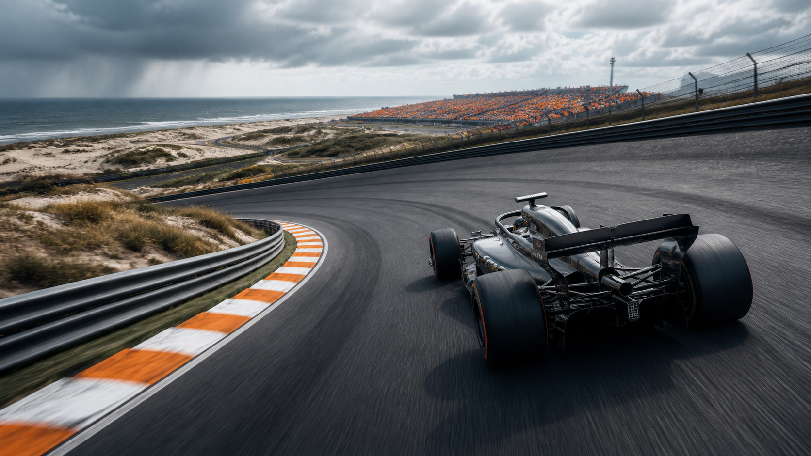Generated editorial illustration of an unbranded Formula 1 car climbing through a banked Zandvoort corner beside the North Sea under a stormy sky.