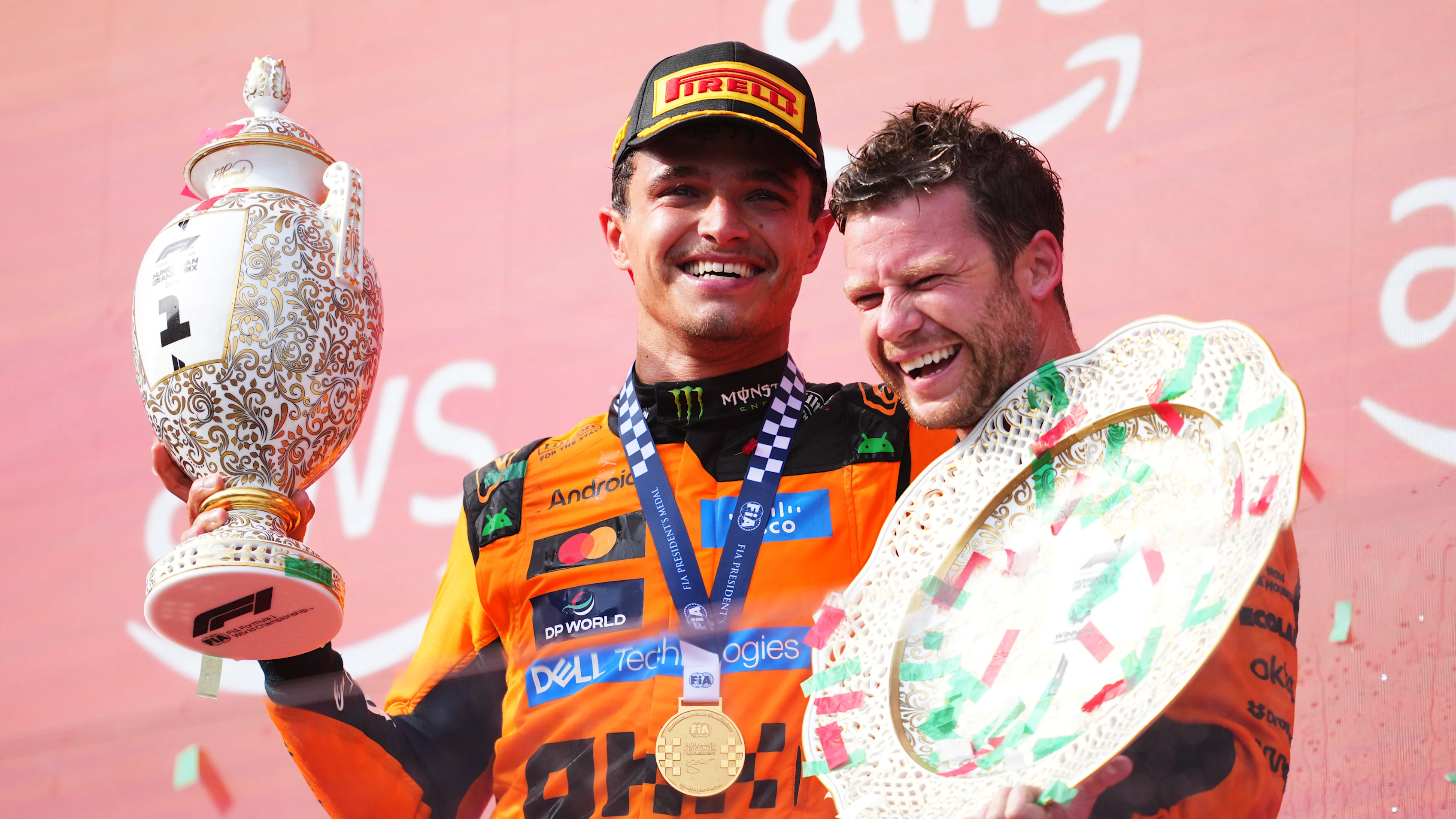 Lando Norris celebrating his 2026 Hungarian Grand Prix victory with McLaren after the race.