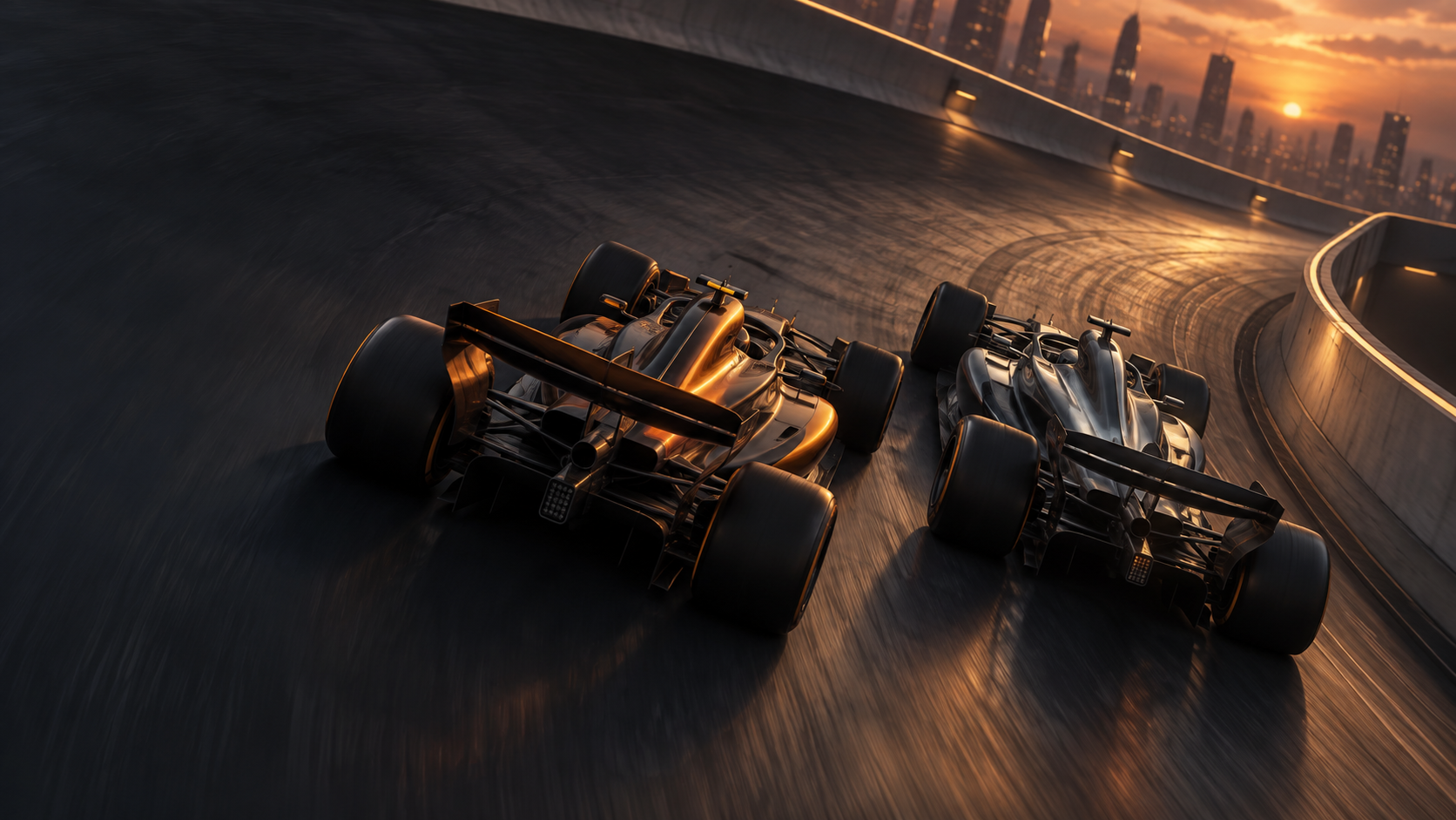 Generated editorial illustration of two fictional unbranded open-wheel cars taking a steeply banked urban-circuit corner at sunset.