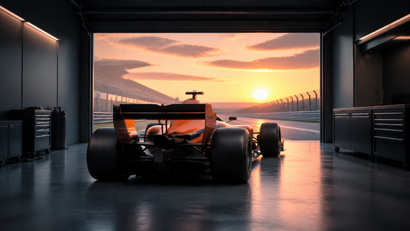 Generated editorial illustration of a fictional orange-and-charcoal open-wheel car viewed from behind in an unbranded garage at sunset.