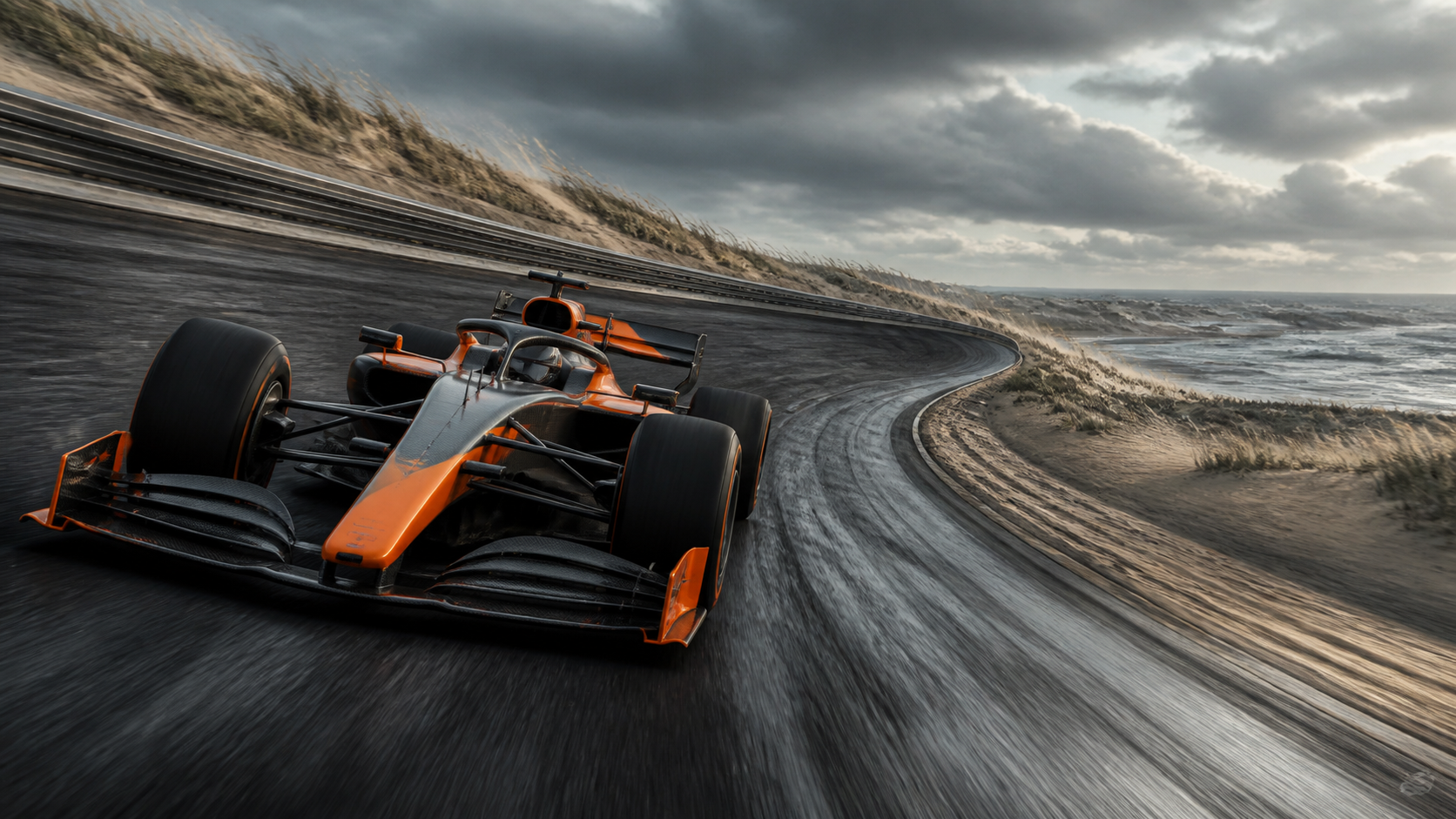 Editorial illustration of a fictional unbranded orange-and-charcoal open-wheel car driving through a banked coastal corner.