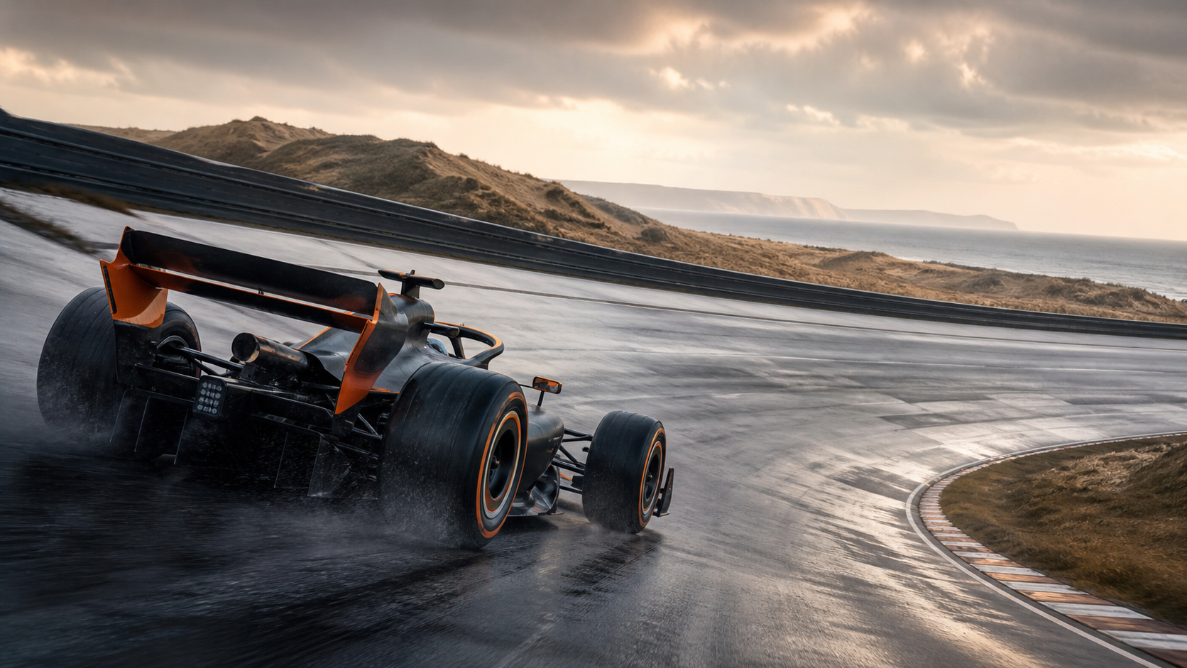 Generated editorial image of a fictional unbranded charcoal-and-orange open-wheel car accelerating through a wet coastal circuit corner.