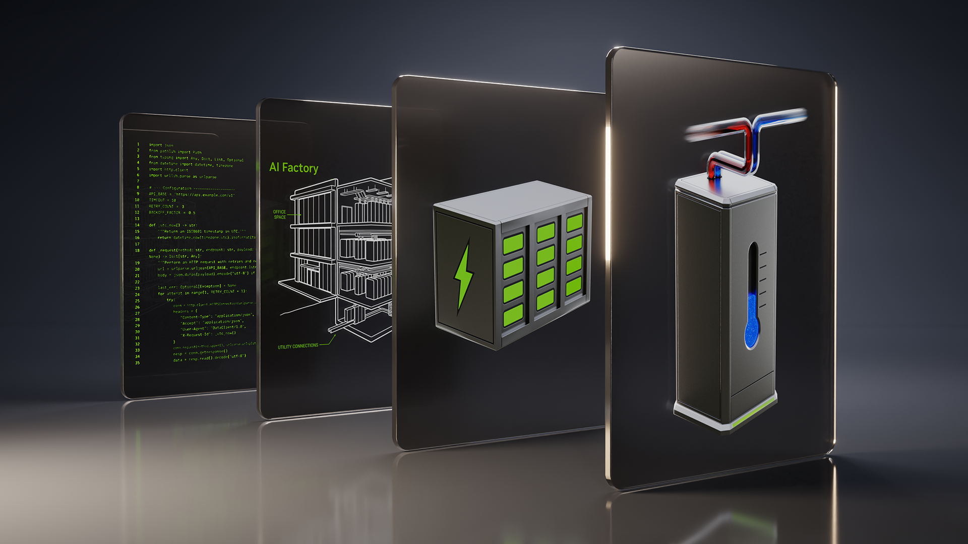 NVIDIA DSX Ready artwork showing an AI-factory infrastructure design with power and cooling systems.