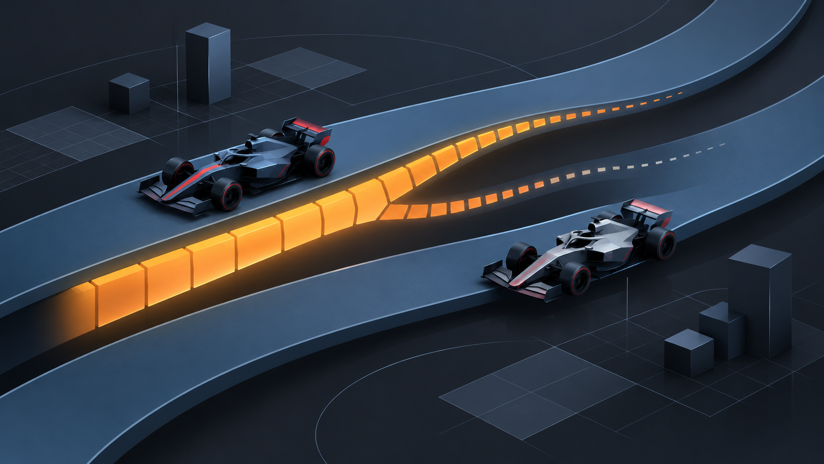 Fictional unbranded open-wheel car miniatures on abstract parallel circuit lanes, separated by a segmented amber energy band.