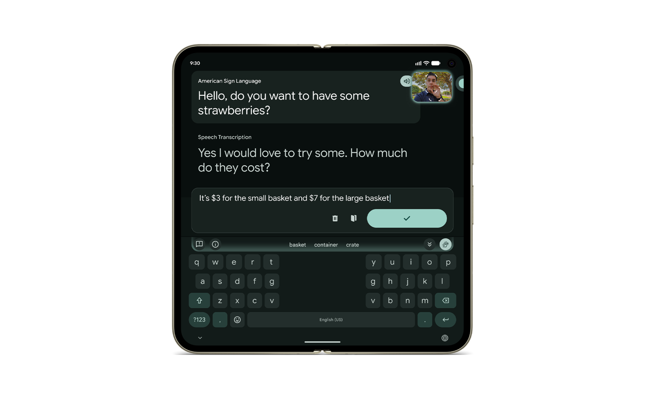 Official Google image showing a person using American Sign Language with a Pixel 11 Pro Fold.